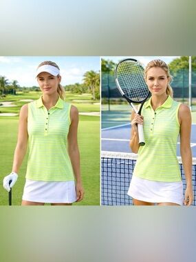 RLX Ralph Lauren Women Size XS TP Sleeveless Golf Polo Lime Blue Stripe Like New